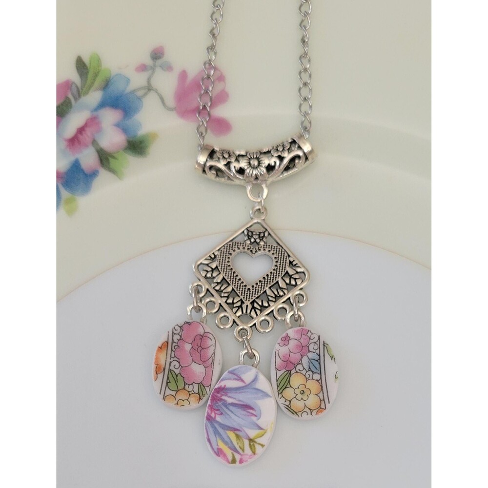 Upcycled Porcelain Petals Necklace - Silver Heart Filigree Pendant Necklace